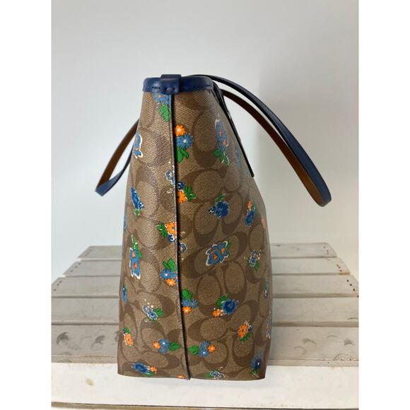 COACH F57888 LARGE BROWN, BLUE SAFFIANO FLORAL SHOULDER BAG - Picture 4 of 15